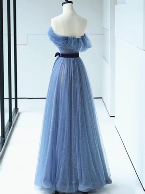 Vestido de fiesta de tul azul brillante, corte A, hombros descubiertos, lazo en la cintura, vestido de noche largo azul formal GG059