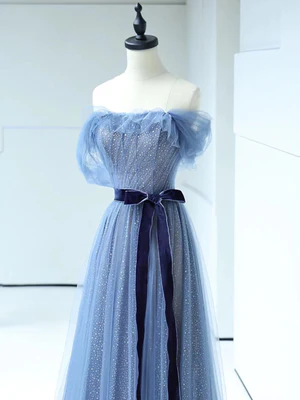 Vestido de fiesta de tul azul brillante, corte A, hombros descubiertos, lazo en la cintura, vestido de noche largo azul formal GG059