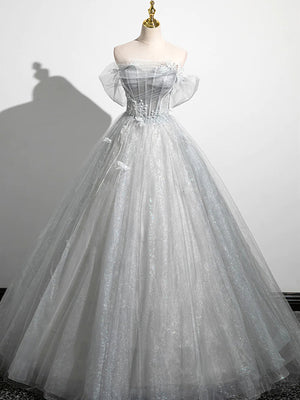Vestidos de fiesta de tul gris plateado con encaje y cuentas, corte A brillante, hombros descubiertos, vestidos de noche formales largos de encaje gris plateado GG061