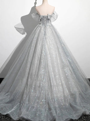 Vestidos de fiesta de tul gris plateado con encaje y cuentas, corte A brillante, hombros descubiertos, vestidos de noche formales largos de encaje gris plateado GG061