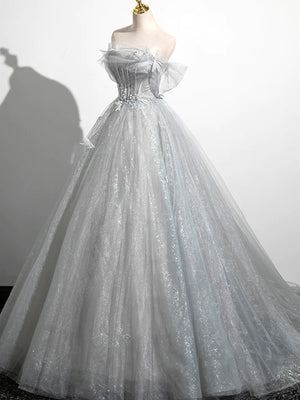 Vestidos de fiesta de tul gris plateado con encaje y cuentas, corte A brillante, hombros descubiertos, vestidos de noche formales largos de encaje gris plateado GG061