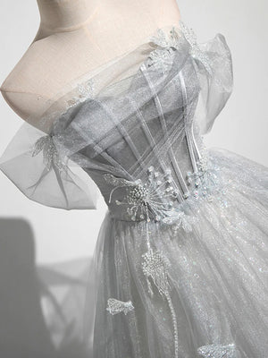 Vestidos de fiesta de tul gris plateado con encaje y cuentas, corte A brillante, hombros descubiertos, vestidos de noche formales largos de encaje gris plateado GG061