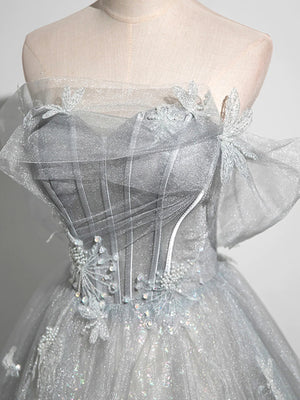 Vestidos de fiesta de tul gris plateado con encaje y cuentas, corte A brillante, hombros descubiertos, vestidos de noche formales largos de encaje gris plateado GG061