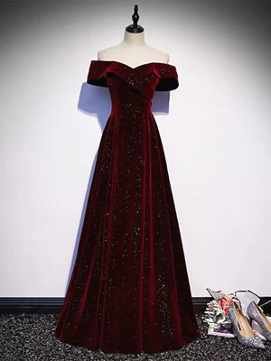 Nuevo y elegante vestido de fiesta largo de terciopelo burdeos con lentejuelas y hombros descubiertos, corte A, color rojo vino, GG064