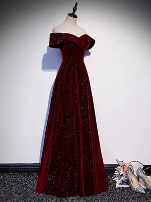 Nuevo y elegante vestido de fiesta largo de terciopelo burdeos con lentejuelas y hombros descubiertos, corte A, color rojo vino, GG064