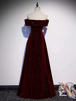 Nuevo y elegante vestido de fiesta largo de terciopelo burdeos con lentejuelas y hombros descubiertos, corte A, color rojo vino, GG064