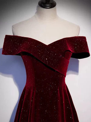 Nuevo y elegante vestido de fiesta largo de terciopelo burdeos con lentejuelas y hombros descubiertos, corte A, color rojo vino, GG064