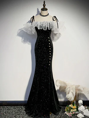 Nuevos vestidos de fiesta largos con escote sirena, hombros descubiertos, perla negra brillante, vestidos formales largos negros brillantes GG067
