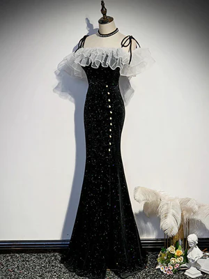 Nuevos vestidos de fiesta largos con escote sirena, hombros descubiertos, perla negra brillante, vestidos formales largos negros brillantes GG067