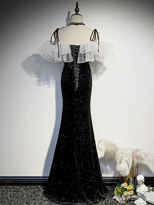 Nuevos vestidos de fiesta largos con escote sirena, hombros descubiertos, perla negra brillante, vestidos formales largos negros brillantes GG067