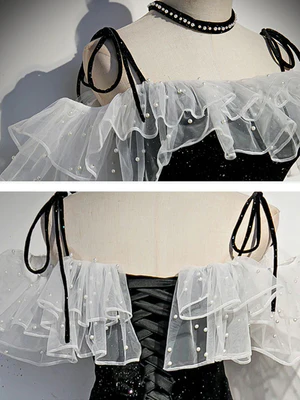 Nuevos vestidos de fiesta largos con escote sirena, hombros descubiertos, perla negra brillante, vestidos formales largos negros brillantes GG067