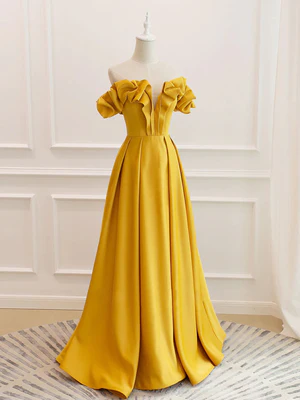 Nuevos y elegantes vestidos de fiesta largos amarillos con pliegues y hombros descubiertos, vestidos de noche formales de satén amarillo GG070