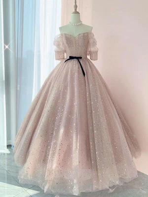 Nuevos vestidos de fiesta de corte A con hombros descubiertos, mangas cortas y lentejuelas en rosa brillante, vestidos de noche formales largos en rosa brillante GG076