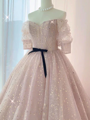 Nuevos vestidos de fiesta de corte A con hombros descubiertos, mangas cortas y lentejuelas en rosa brillante, vestidos de noche formales largos en rosa brillante GG076
