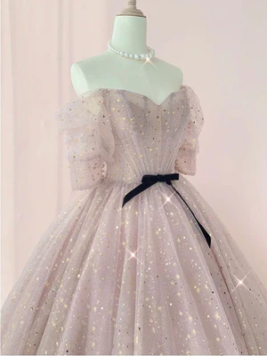 Nuevos vestidos de fiesta de corte A con hombros descubiertos, mangas cortas y lentejuelas en rosa brillante, vestidos de noche formales largos en rosa brillante GG076