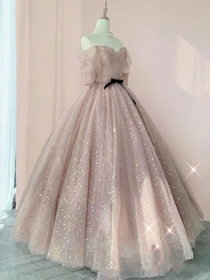 Nuevos vestidos de fiesta de corte A con hombros descubiertos, mangas cortas y lentejuelas en rosa brillante, vestidos de noche formales largos en rosa brillante GG076