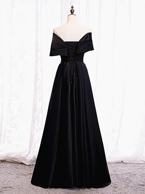 Nuevo y elegante vestido de fiesta largo con escote en A, hombros descubiertos, pliegues y escote en negro con espalda de corsé, vestidos de noche formales GG080