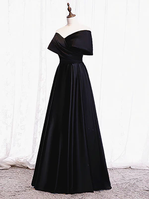 Nuevo y elegante vestido de fiesta largo con escote en A, hombros descubiertos, pliegues y escote en negro con espalda de corsé, vestidos de noche formales GG080