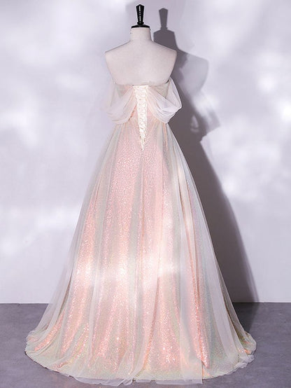 Nuevos vestidos de fiesta largos de encaje con hombros descubiertos y corte A brillante, vestidos de noche formales largos de encaje con hombros descubiertos GG083