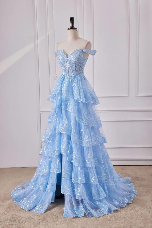 Nuevos vestidos de fiesta largos con hombros descubiertos, encaje, capas de lentejuelas y volantes, vestidos de noche formales largos GG084