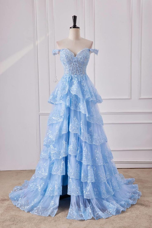 Nuevos vestidos de fiesta largos con hombros descubiertos, encaje, capas de lentejuelas y volantes, vestidos de noche formales largos GG084