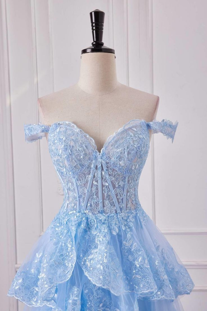 Nuevos vestidos de fiesta largos con hombros descubiertos, encaje, capas de lentejuelas y volantes, vestidos de noche formales largos GG084