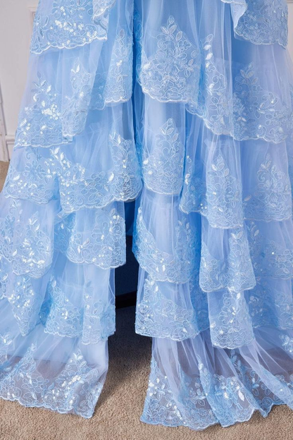 Nuevos vestidos de fiesta largos con hombros descubiertos, encaje, capas de lentejuelas y volantes, vestidos de noche formales largos GG084