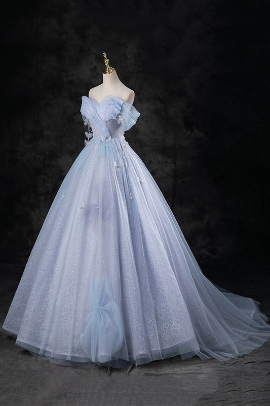 Delicados vestidos de fiesta largos en azul perla con hombros descubiertos, vestidos de noche formales largos con hombros descubiertos GG086