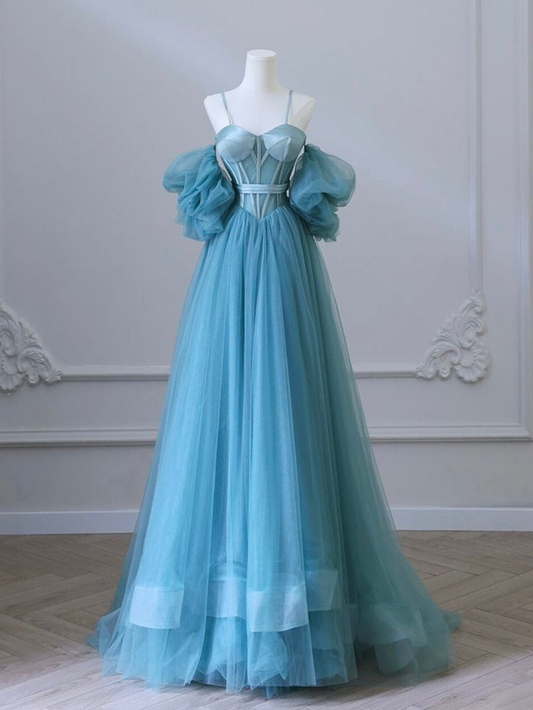 Nuevos y elegantes vestidos de fiesta largos de tul azul con hombros descubiertos y corte en A, vestidos de noche formales largos GG087