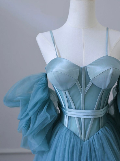 Nuevos y elegantes vestidos de fiesta largos de tul azul con hombros descubiertos y corte en A, vestidos de noche formales largos GG087