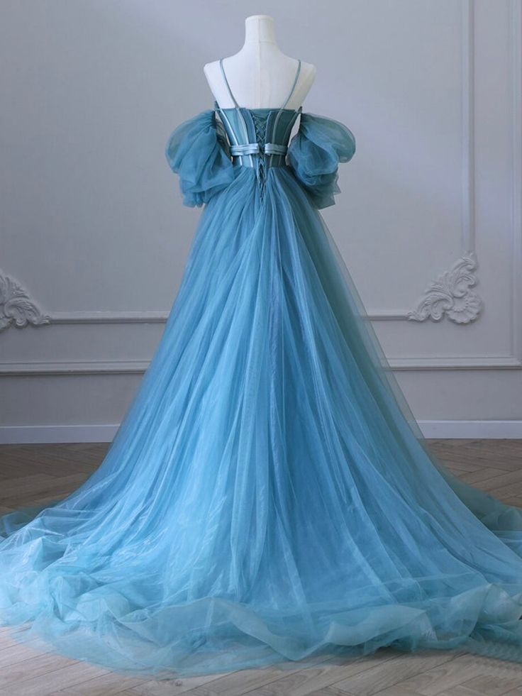 Nuevos y elegantes vestidos de fiesta largos de tul azul con hombros descubiertos y corte en A, vestidos de noche formales largos GG087
