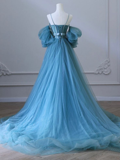 Nuevos y elegantes vestidos de fiesta largos de tul azul con hombros descubiertos y corte en A, vestidos de noche formales largos GG087