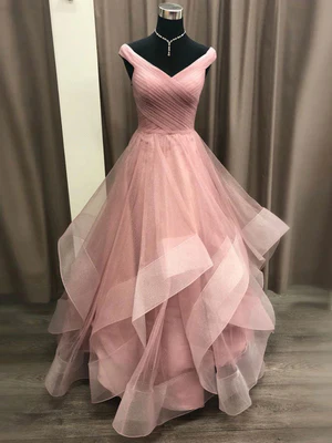 Nuevo vestido de fiesta largo de tul rosa brillante con hombros descubiertos, corte A, vestidos formales de graduación largos GG094