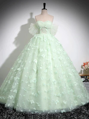 Nuevo y magnífico vestido de fiesta largo verde menta con escote en A y hombros descubiertos, con mariposas, vestido de noche formal, vestido de baile verde menta GG097