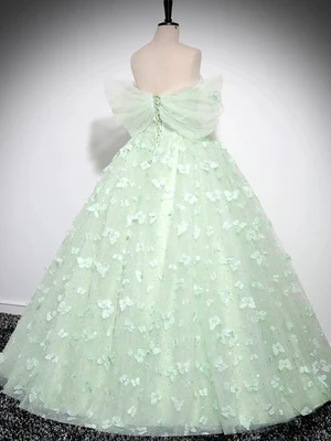 Nuevo y magnífico vestido de fiesta largo verde menta con escote en A y hombros descubiertos, con mariposas, vestido de noche formal, vestido de baile verde menta GG097