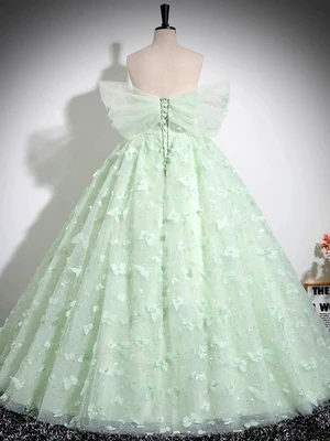 Nuevo y magnífico vestido de fiesta largo verde menta con escote en A y hombros descubiertos, con mariposas, vestido de noche formal, vestido de baile verde menta GG097