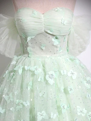 Nuevo y magnífico vestido de fiesta largo verde menta con escote en A y hombros descubiertos, con mariposas, vestido de noche formal, vestido de baile verde menta GG097