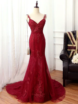 Nuevos vestidos de fiesta de sirena con escote en V, apliques de encaje burdeos, vestidos formales de dama de honor con encaje sirena en rojo vino GG099