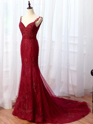 Nuevos vestidos de fiesta de sirena con escote en V, apliques de encaje burdeos, vestidos formales de dama de honor con encaje sirena en rojo vino GG099