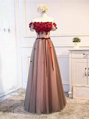 Nuevos y delicados vestidos de fiesta largos con flores, corte A, hombros descubiertos, mangas cortas y corte floral, vestidos formales de dama de honor florales GG100