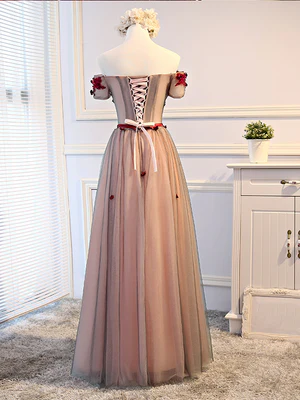 Nuevos y delicados vestidos de fiesta largos con flores, corte A, hombros descubiertos, mangas cortas y corte floral, vestidos formales de dama de honor florales GG100