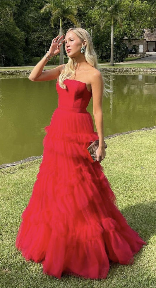 Vestido de fiesta largo de tul rojo, elegante, sin tirantes, corte A, vestido de noche GG1017