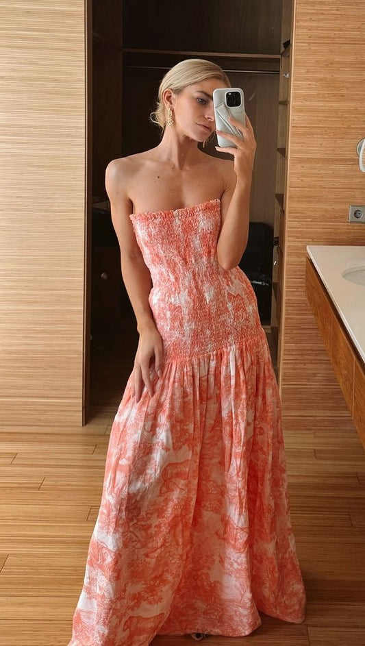 Vestido de fiesta largo de satén con estampado, elegante, sin tirantes, corte A, vestido de noche GG1027