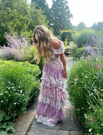 Hermoso vestido de fiesta largo de gasa con estampado floral, hombros descubiertos, tirantes finos, corte A, vestido de noche GG1039