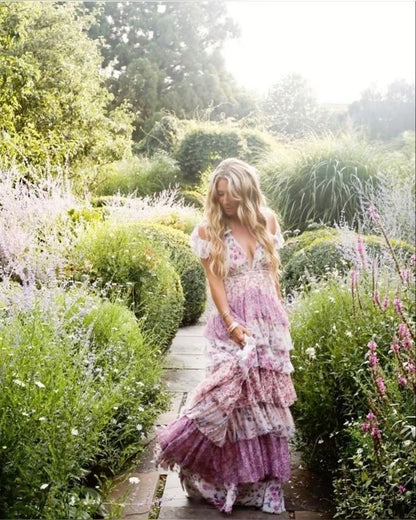 Hermoso vestido de fiesta largo de gasa con estampado floral, hombros descubiertos, tirantes finos, corte A, vestido de noche GG1039
