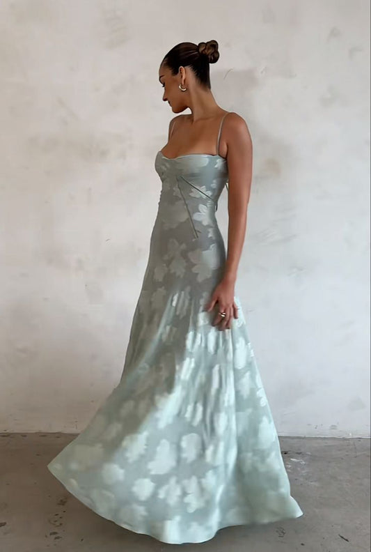 Vestido de fiesta largo de gasa con tirantes finos, corte en A, elegante, estampado, vestido de noche GG1044