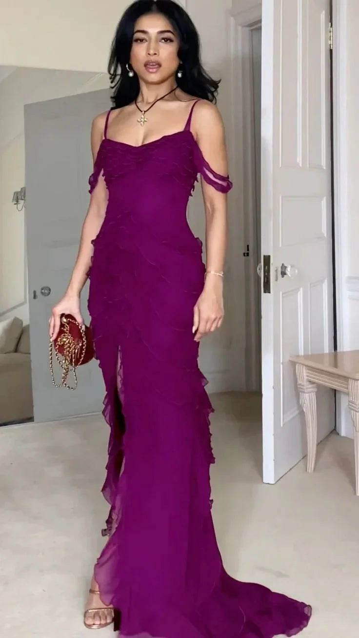 Vestido de fiesta largo de gasa con hombros descubiertos y tirantes finos de sirena, sexy, vestido de noche GG1064