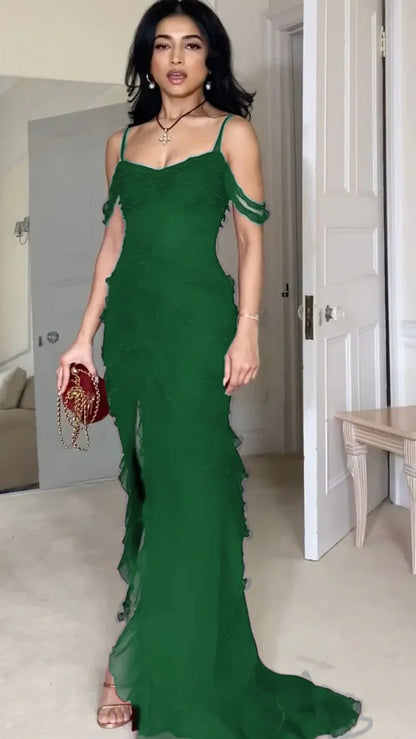 Vestido de fiesta largo de gasa con hombros descubiertos y tirantes finos de sirena, sexy, vestido de noche GG1064
