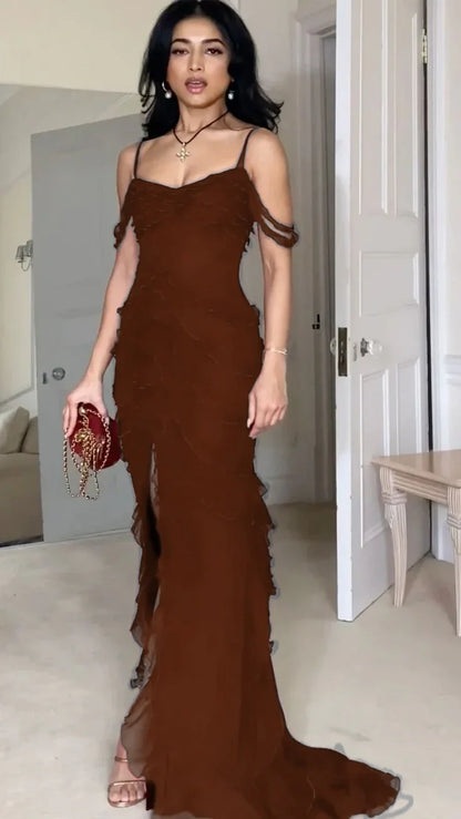 Vestido de fiesta largo de gasa con hombros descubiertos y tirantes finos de sirena, sexy, vestido de noche GG1064