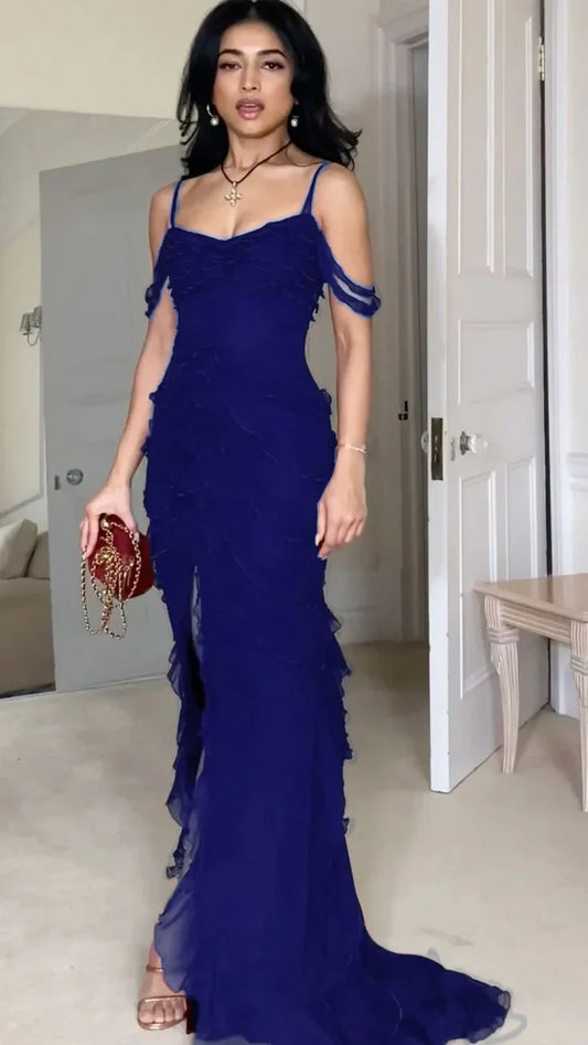 Vestido de fiesta largo de gasa con hombros descubiertos y tirantes finos de sirena, sexy, vestido de noche GG1064